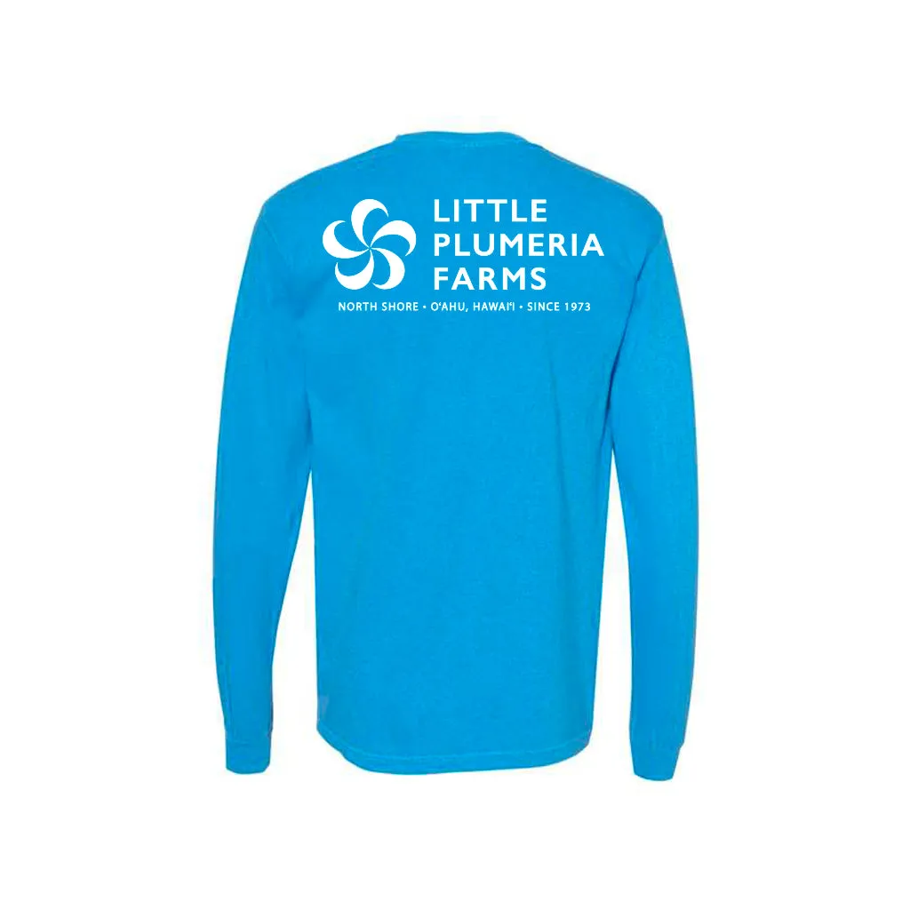 Adult Long Sleeve T-Shirt: Little Plumeria Farms Logo (Royal Caribe)