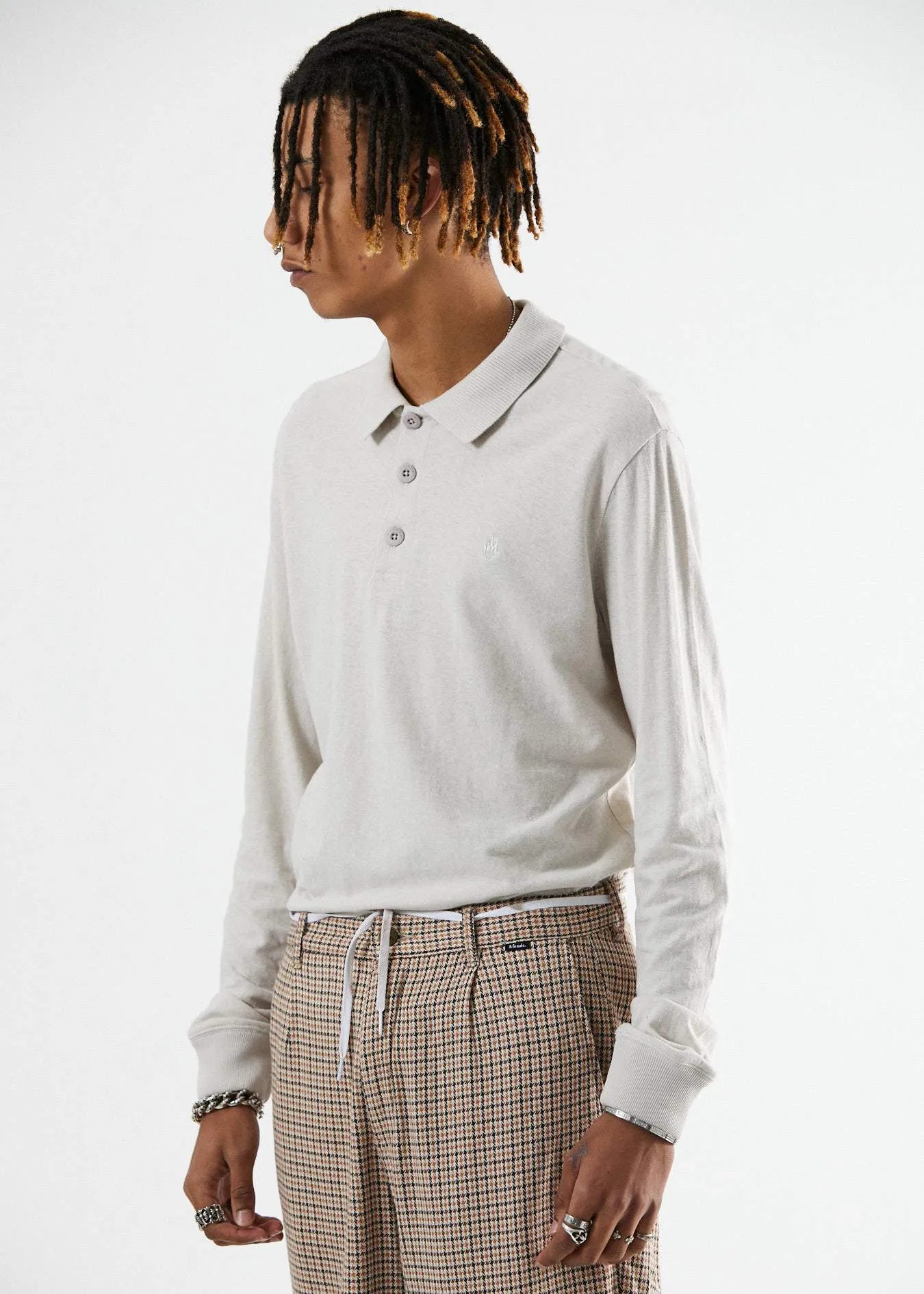 Afends Mens Loophole - Hemp Polo Long Sleeve Tee - Moonbeam