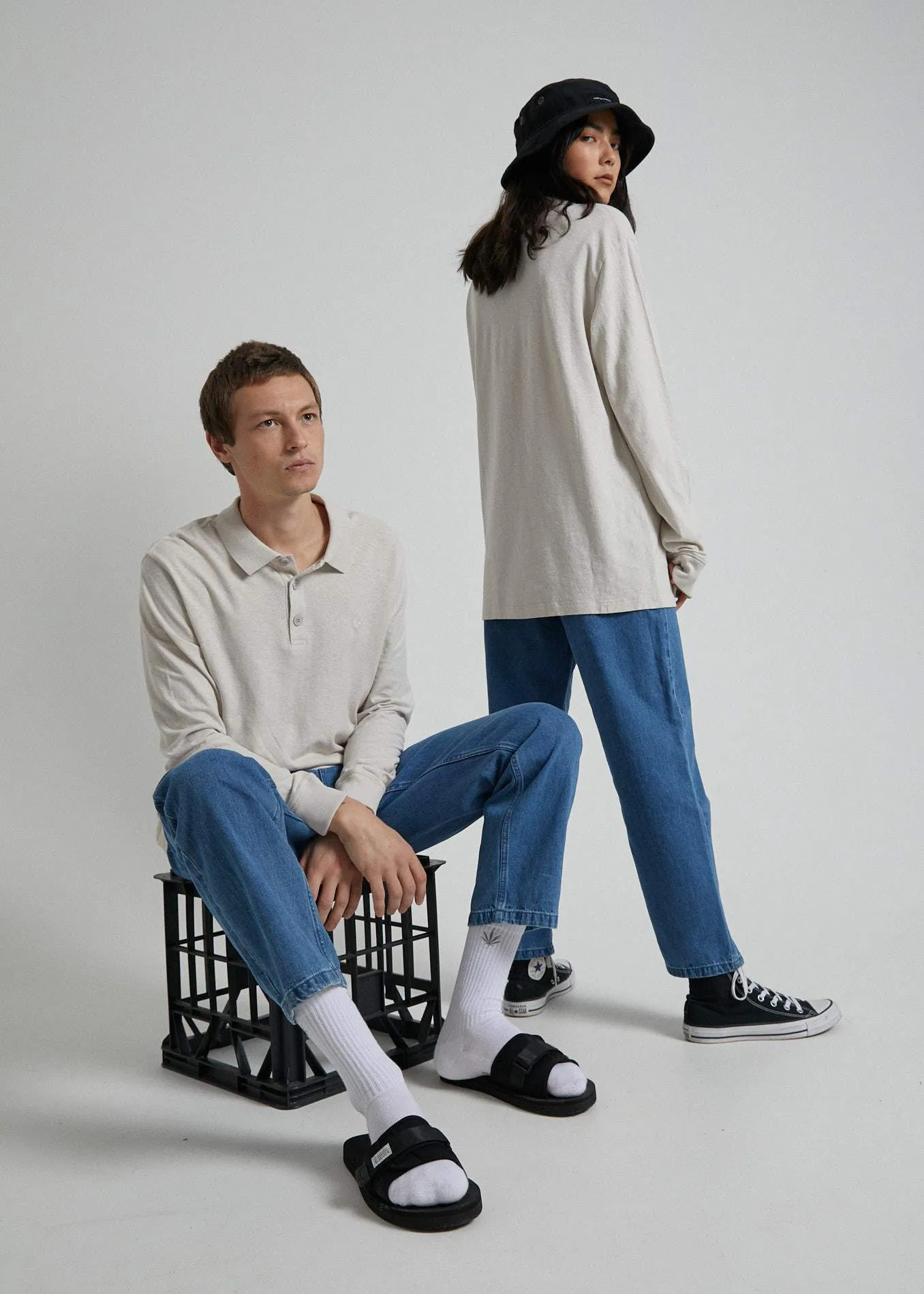 Afends Mens Loophole - Hemp Polo Long Sleeve Tee - Moonbeam