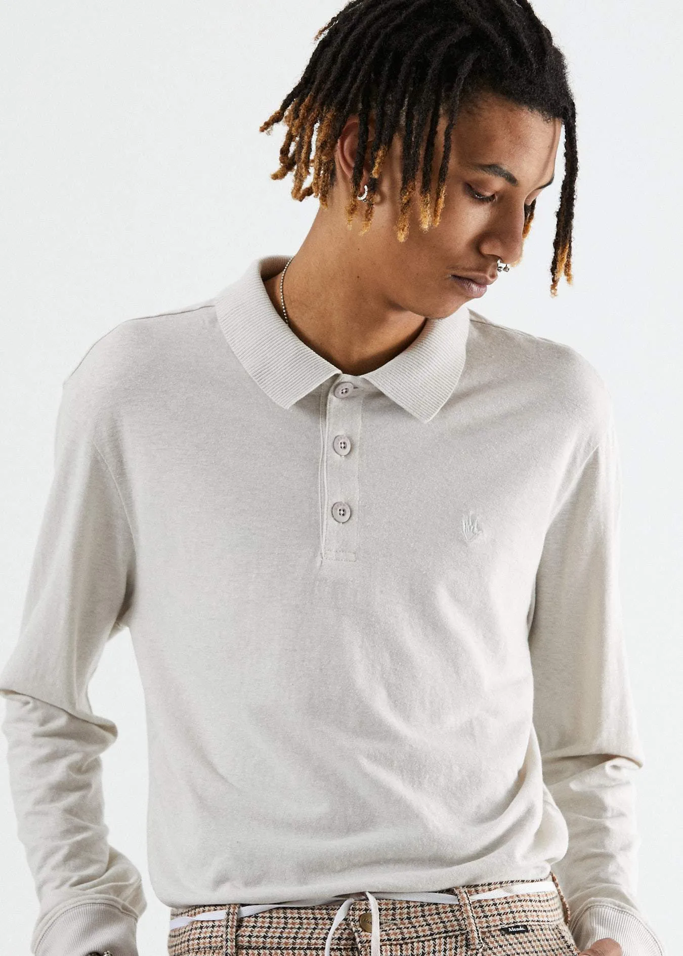 Afends Mens Loophole - Hemp Polo Long Sleeve Tee - Moonbeam