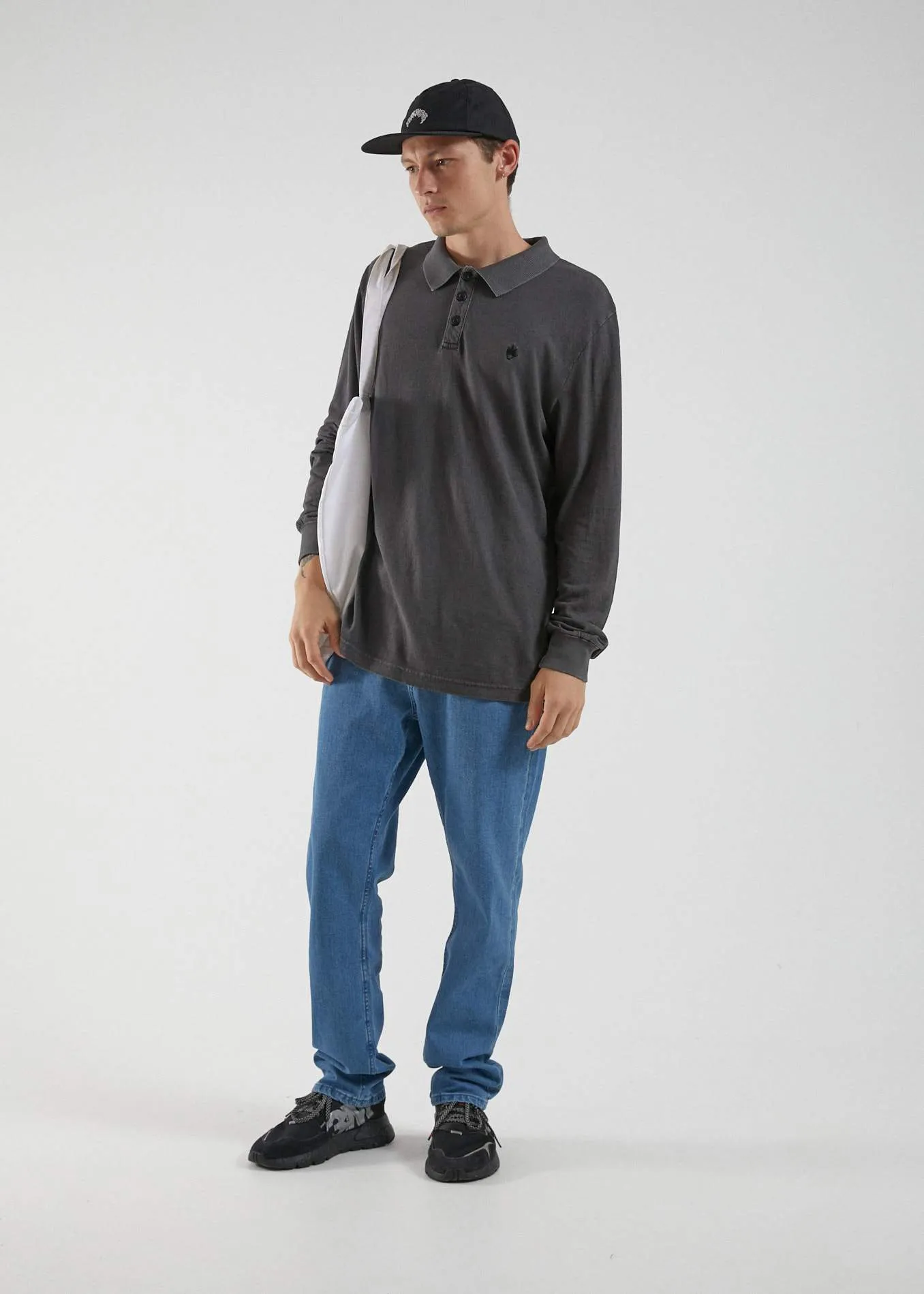 Afends Mens Loophole - Hemp Polo Long Sleeve Tee - Vintage Black