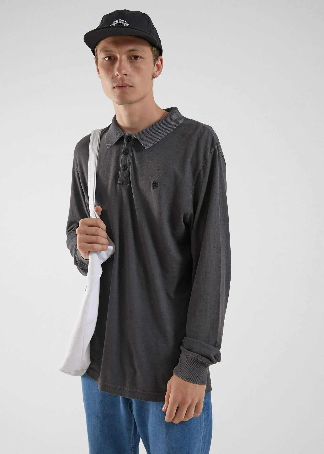 Afends Mens Loophole - Hemp Polo Long Sleeve Tee - Vintage Black