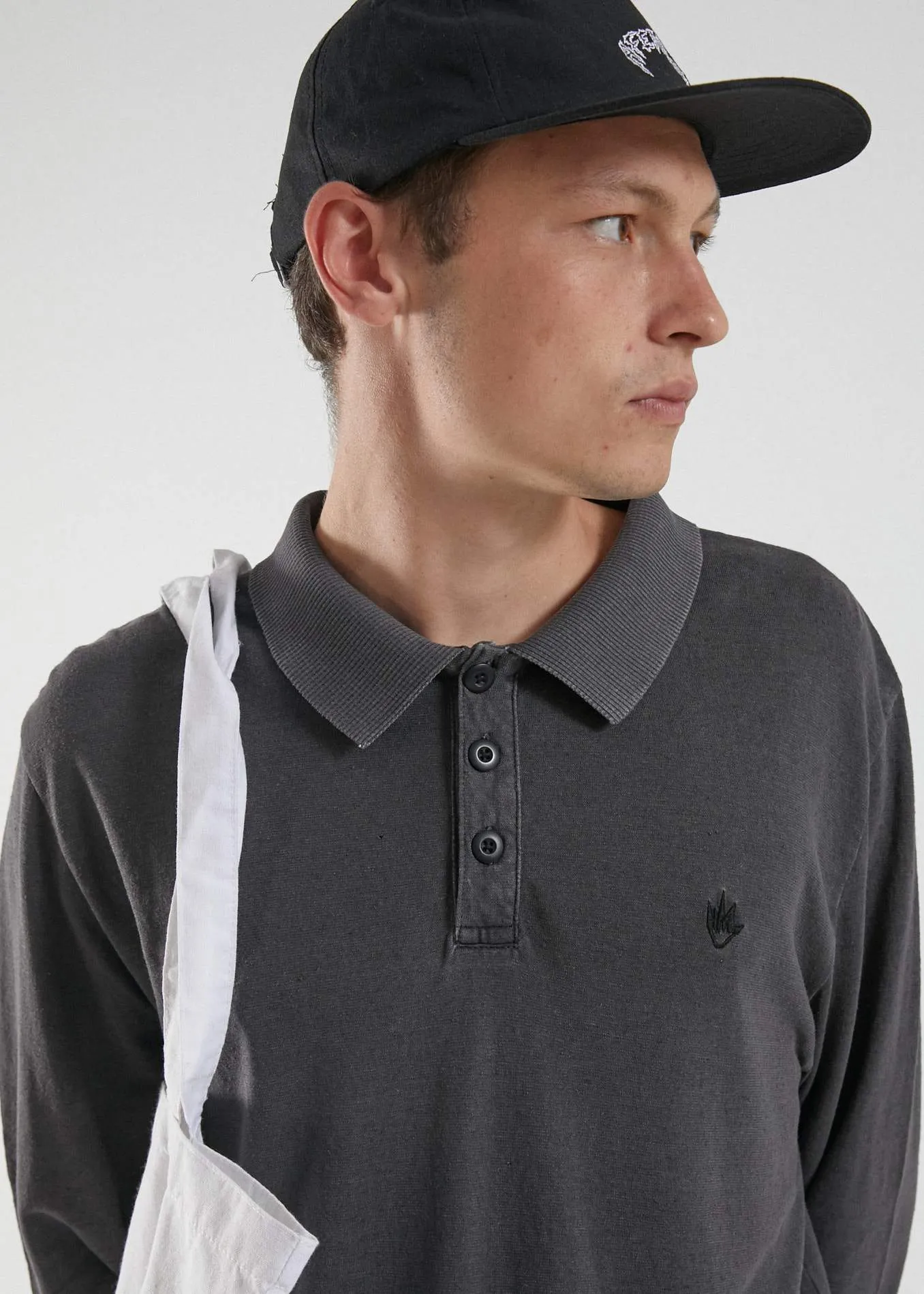Afends Mens Loophole - Hemp Polo Long Sleeve Tee - Vintage Black