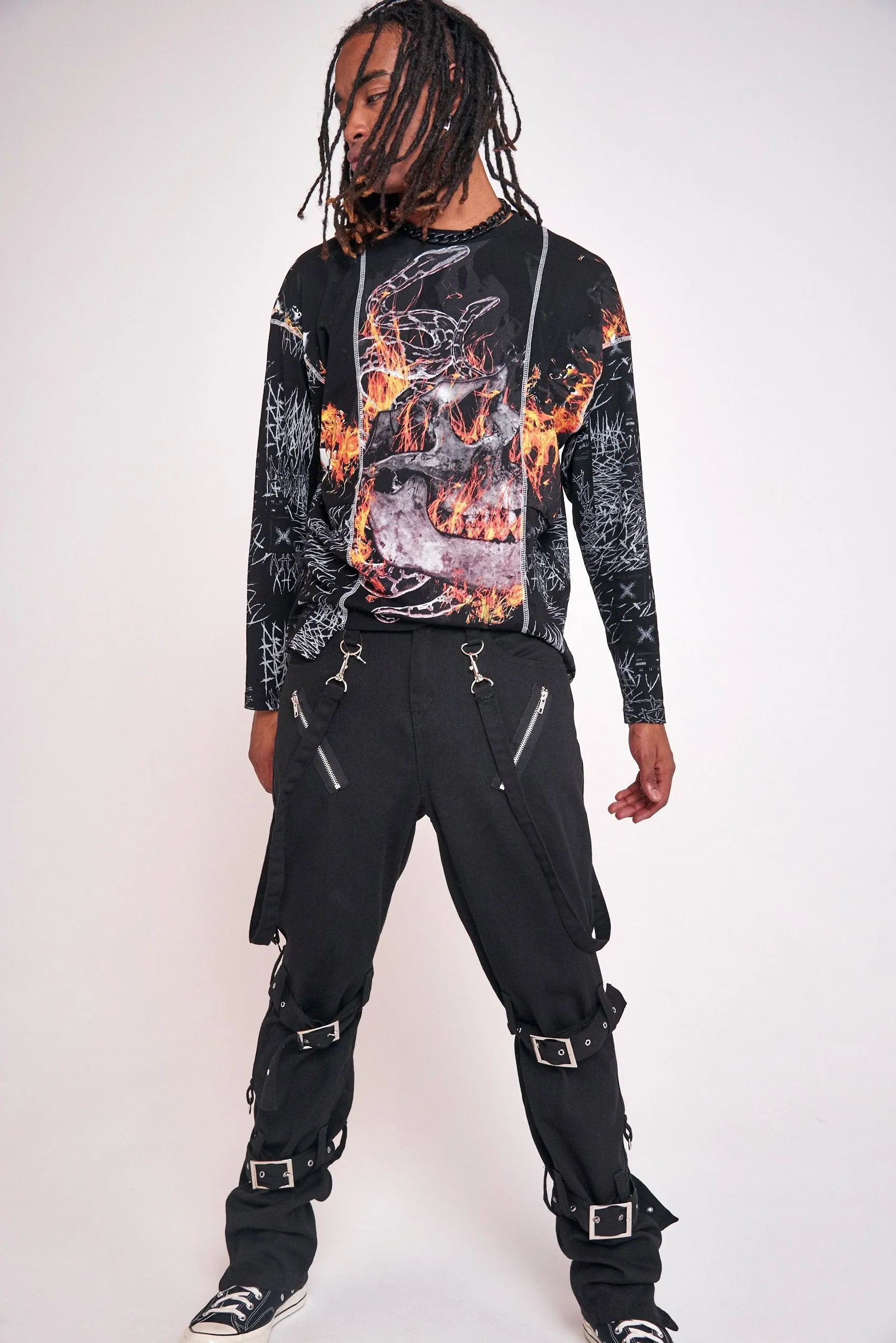 Anarchy Skull & Flame Print Long Sleeve T-shirt