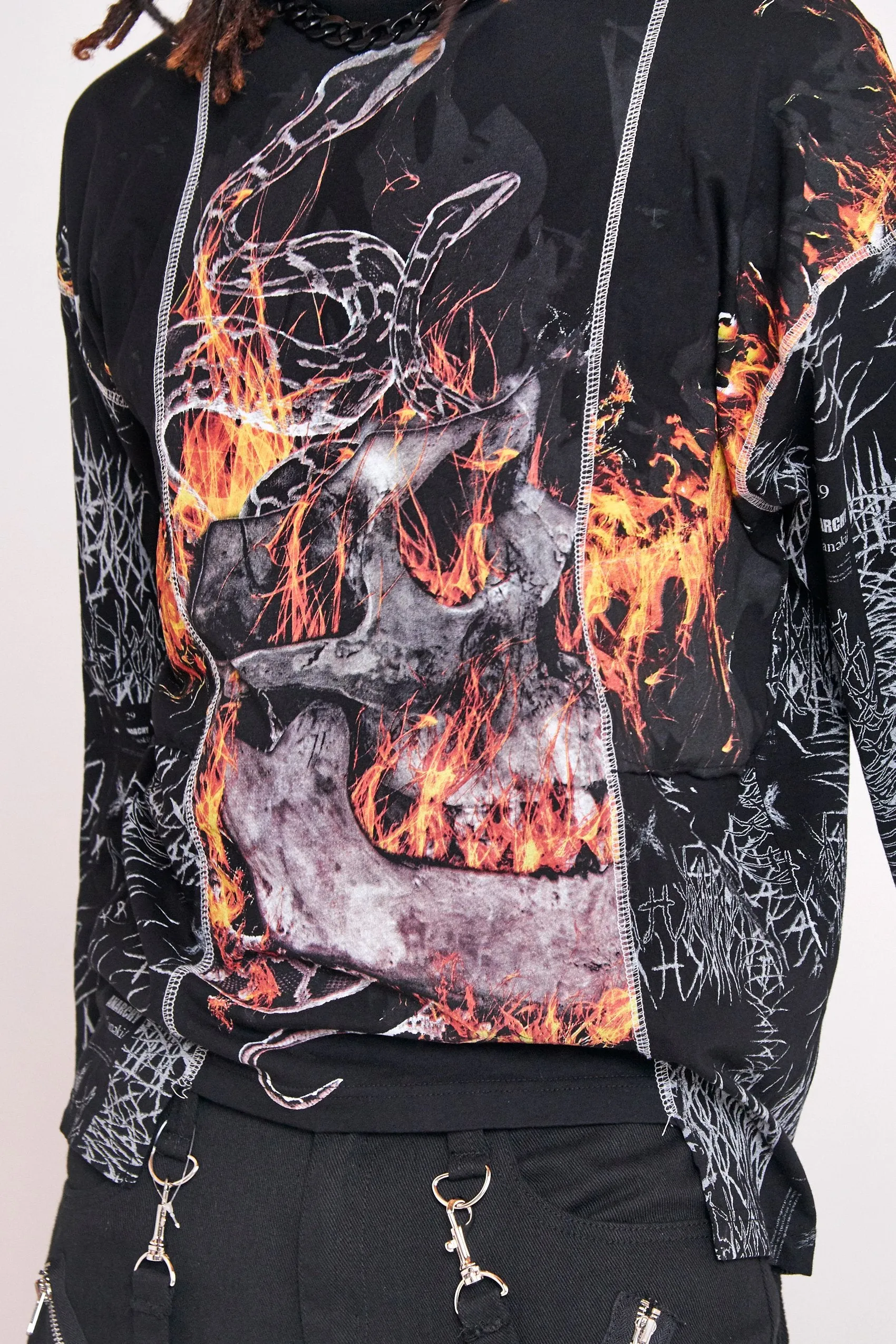 Anarchy Skull & Flame Print Long Sleeve T-shirt