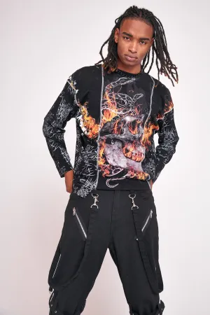 Anarchy Skull & Flame Print Long Sleeve T-shirt
