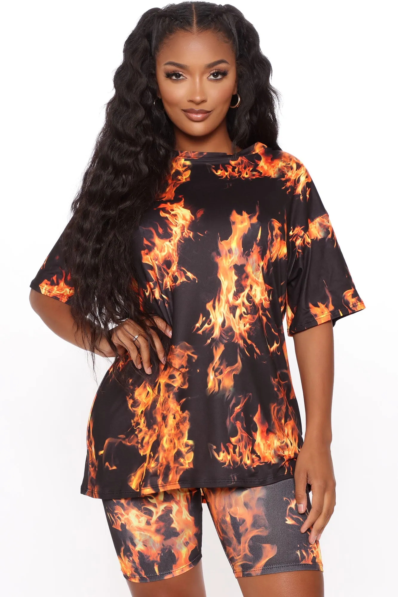 Aries Tribe Flame Biker Short Set - Orange/combo