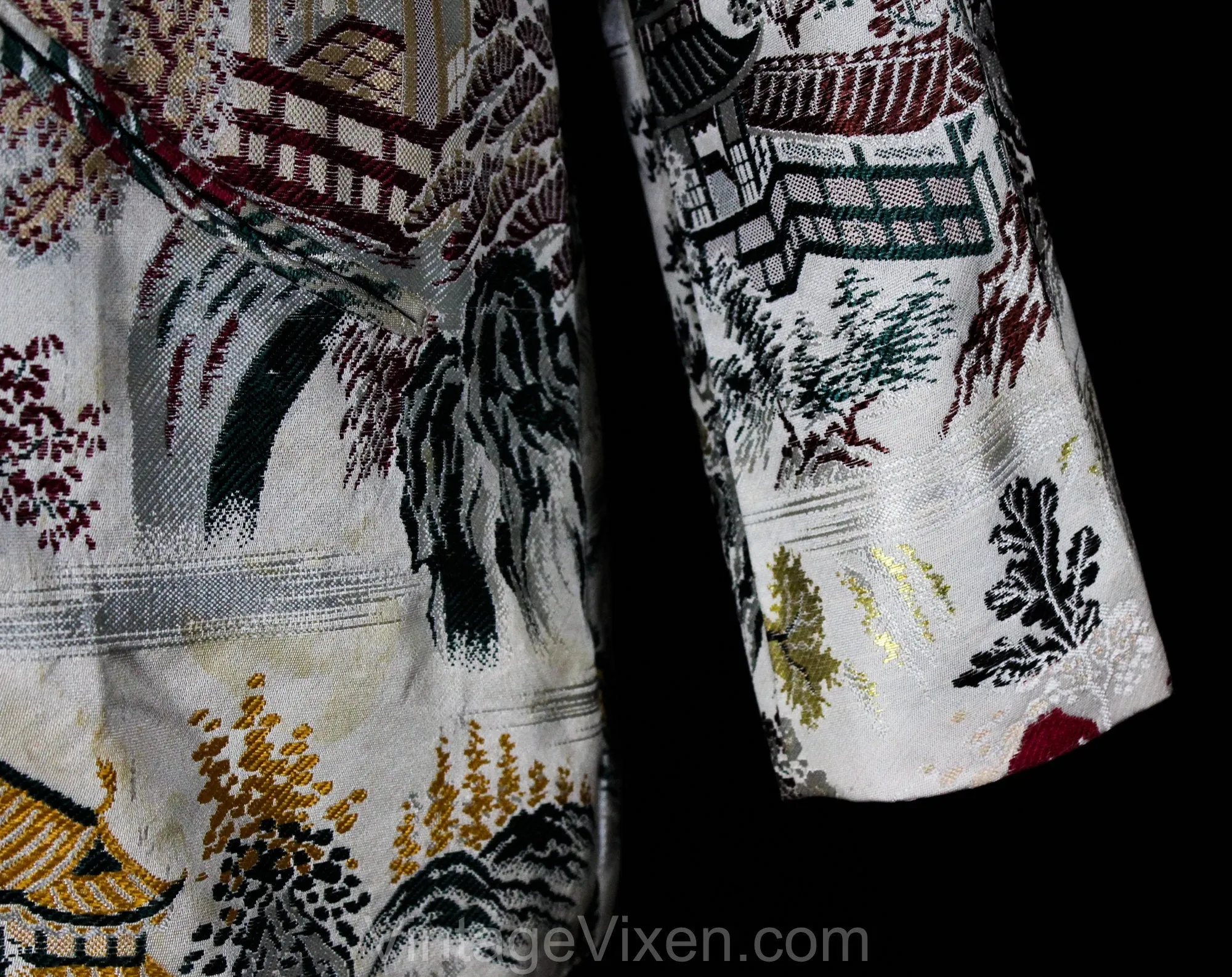 Asian Brocade 1940s Jacket - WWII Era Mandarin Collar 40s Formal Coat with Matching Handbag - Medium Large - Tassels - Pagoda Novelty Print