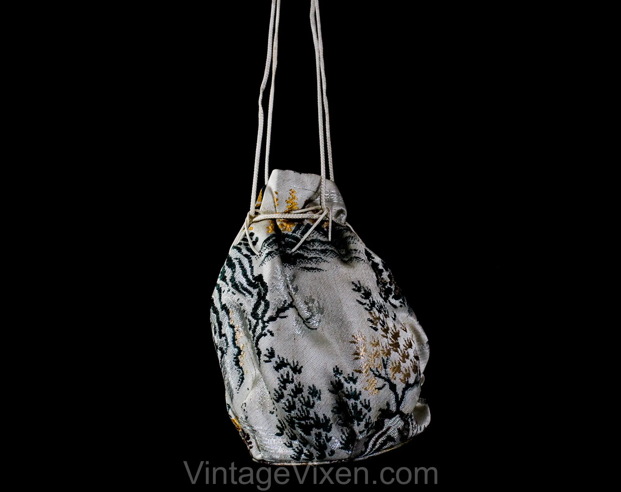 Asian Brocade 1940s Jacket - WWII Era Mandarin Collar 40s Formal Coat with Matching Handbag - Medium Large - Tassels - Pagoda Novelty Print
