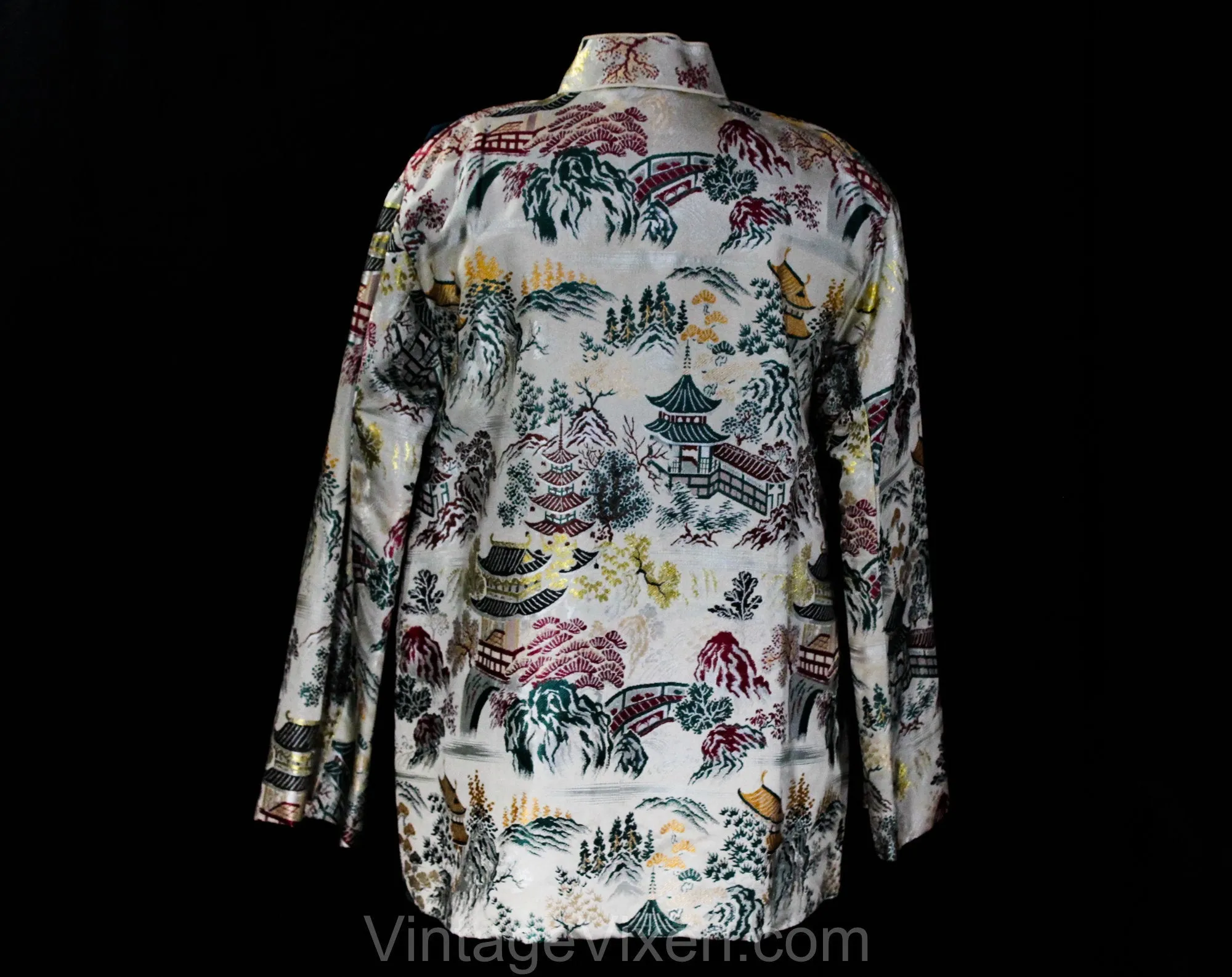 Asian Brocade 1940s Jacket - WWII Era Mandarin Collar 40s Formal Coat with Matching Handbag - Medium Large - Tassels - Pagoda Novelty Print
