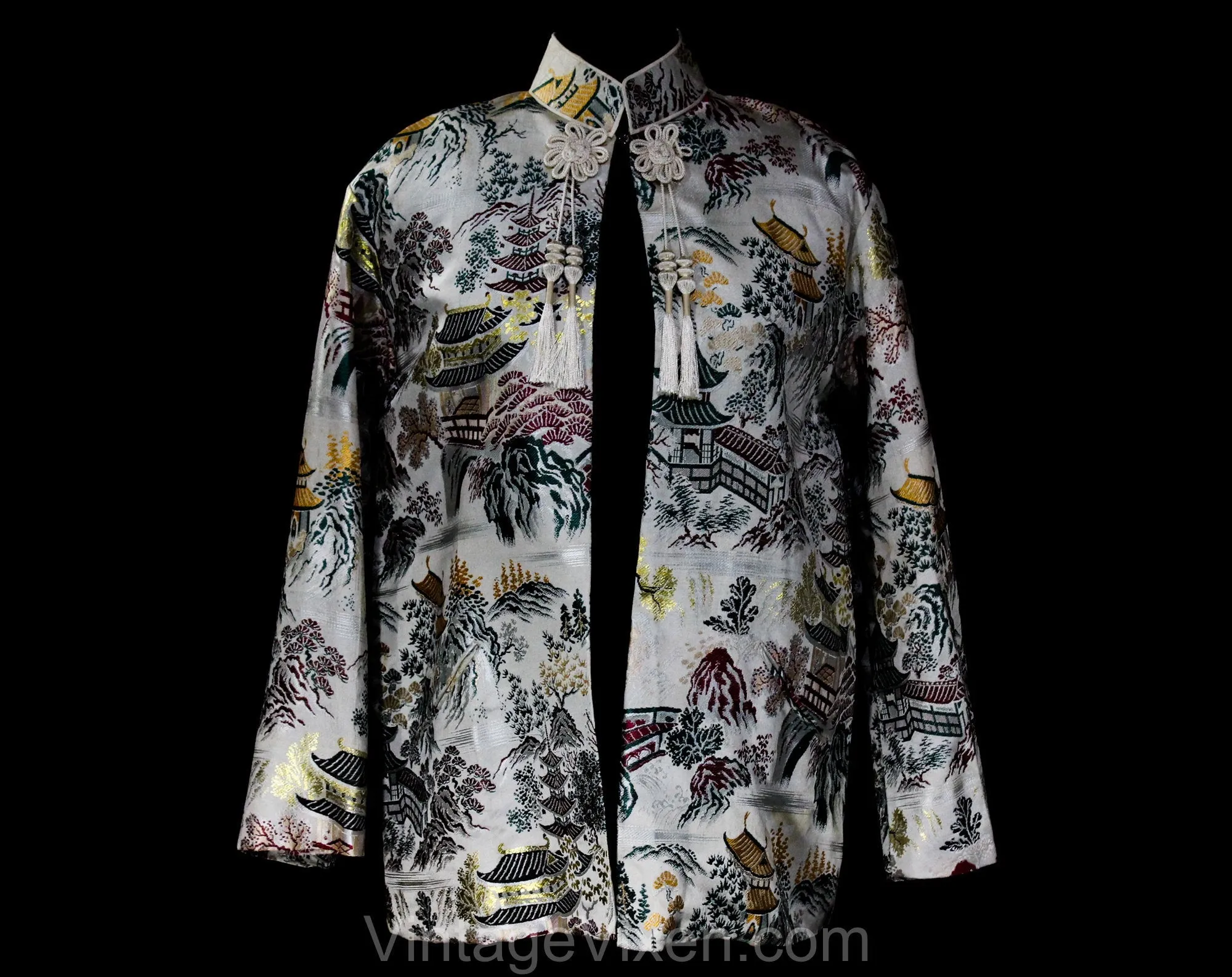 Asian Brocade 1940s Jacket - WWII Era Mandarin Collar 40s Formal Coat with Matching Handbag - Medium Large - Tassels - Pagoda Novelty Print