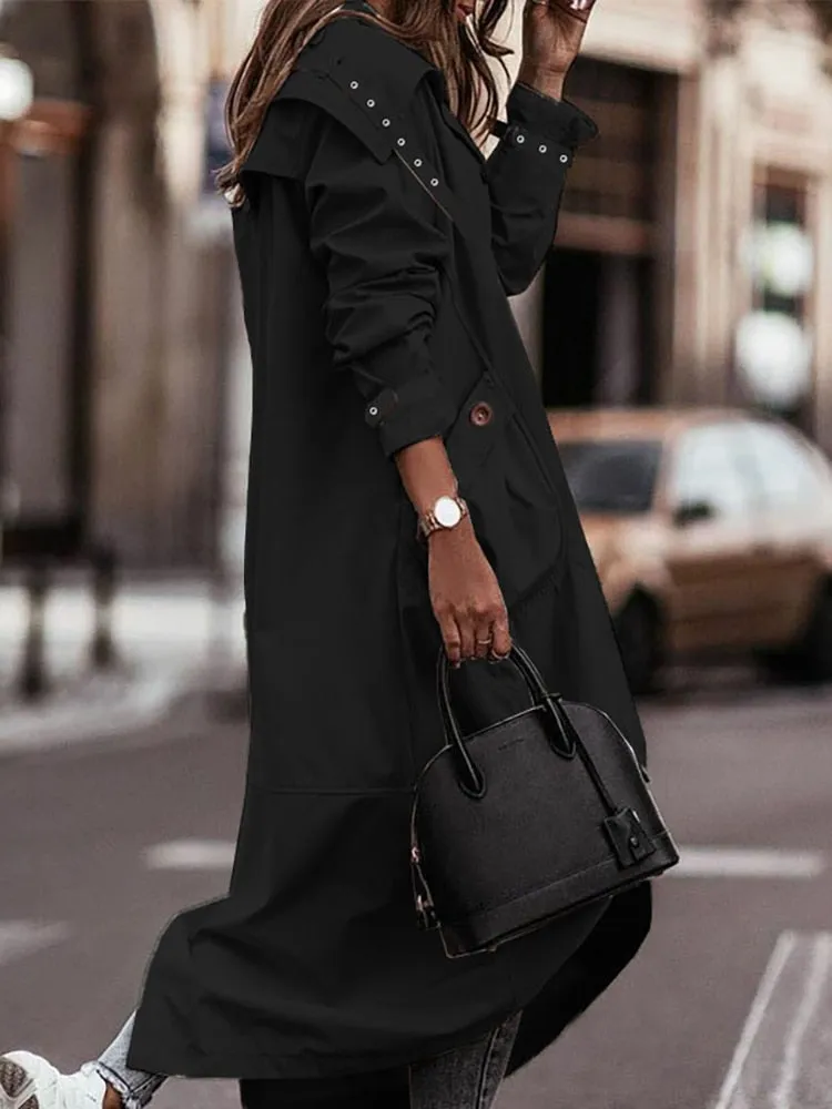 Autumn Trench Long Sleeve Cardigan Style With Pocket Turn-Down Collar Coat