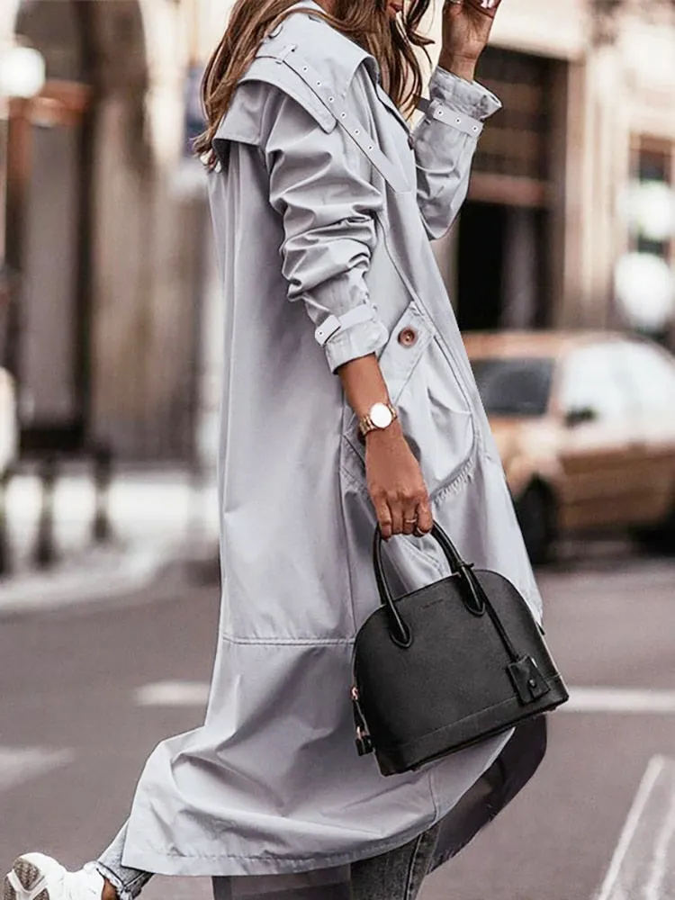 Autumn Trench Long Sleeve Cardigan Style With Pocket Turn-Down Collar Coat