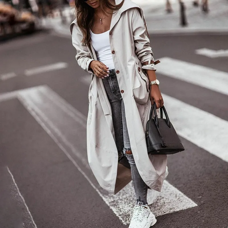 Autumn Trench Long Sleeve Cardigan Style With Pocket Turn-Down Collar Coat