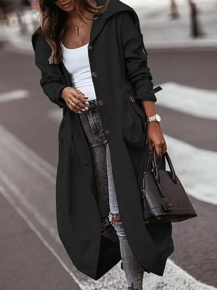 Autumn Trench Long Sleeve Cardigan Style With Pocket Turn-Down Collar Coat