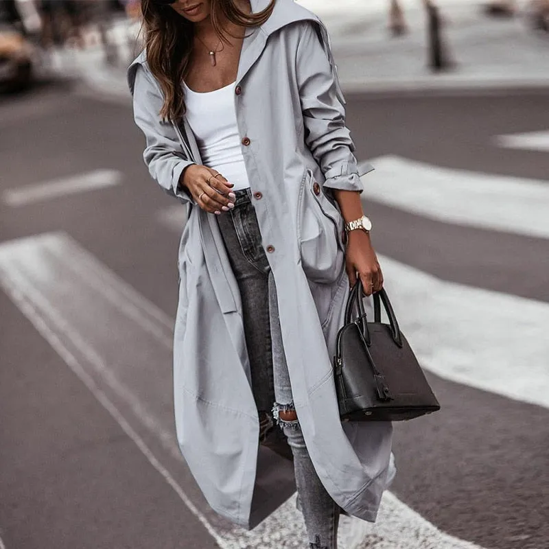Autumn Trench Long Sleeve Cardigan Style With Pocket Turn-Down Collar Coat