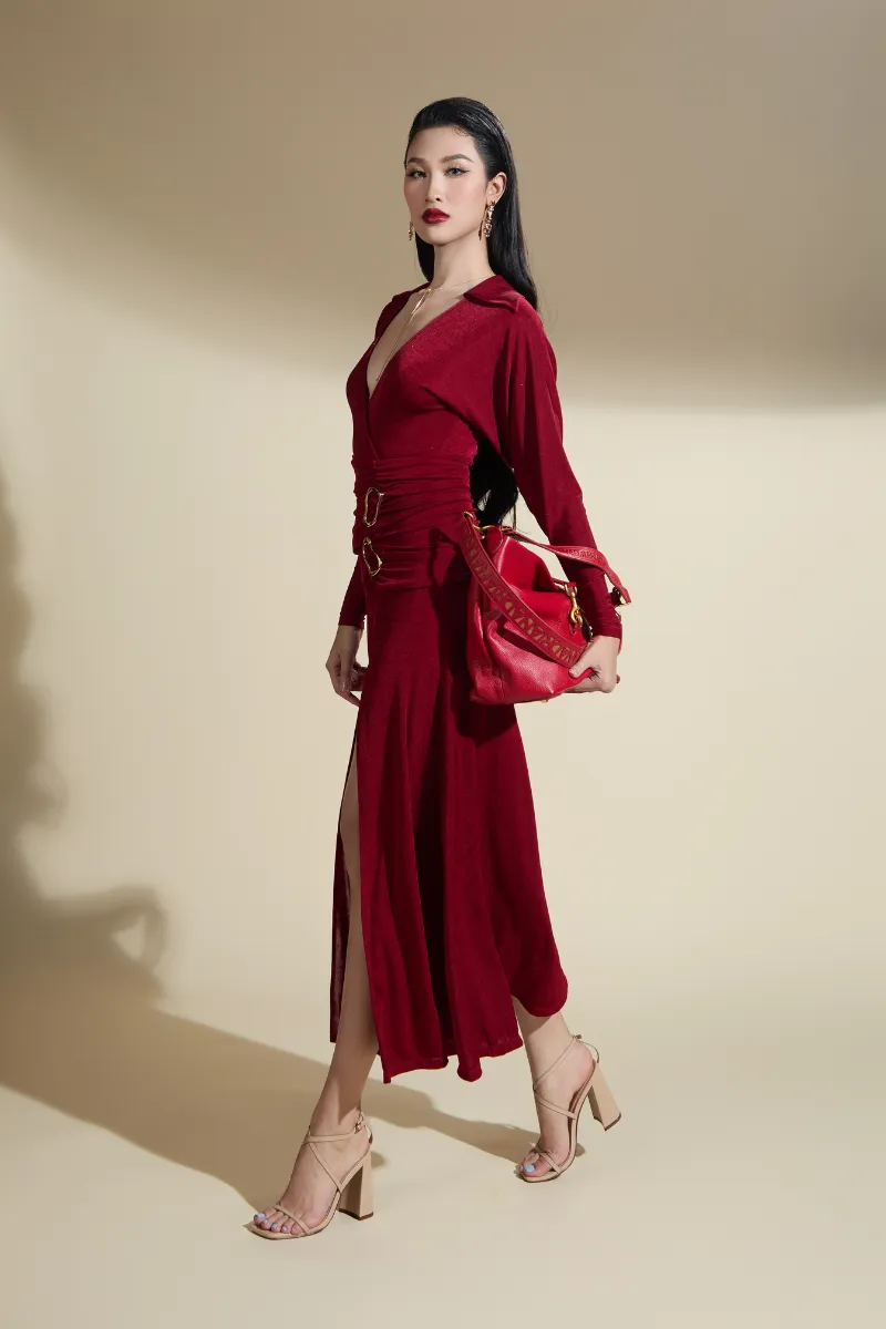 AYLEEN SLIT V WRAPAROUND NECK JERSEY MIDI DRESS