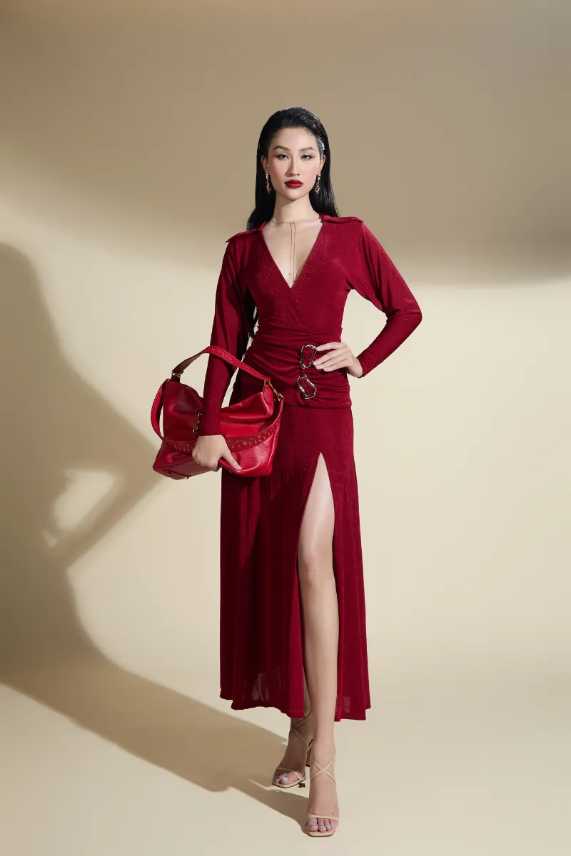 AYLEEN SLIT V WRAPAROUND NECK JERSEY MIDI DRESS