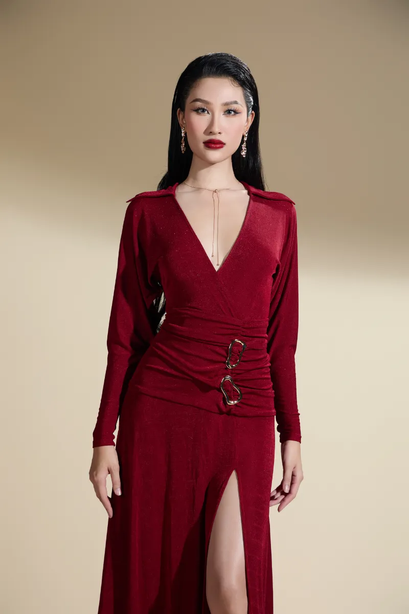 AYLEEN SLIT V WRAPAROUND NECK JERSEY MIDI DRESS