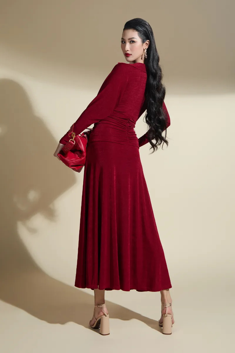 AYLEEN SLIT V WRAPAROUND NECK JERSEY MIDI DRESS