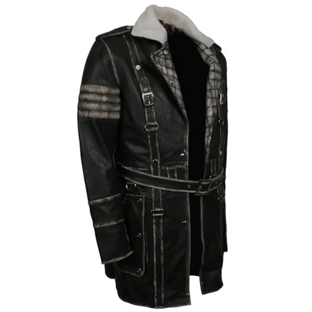 Battle coat Distressed Black Leather Jacket Mens Long Coat