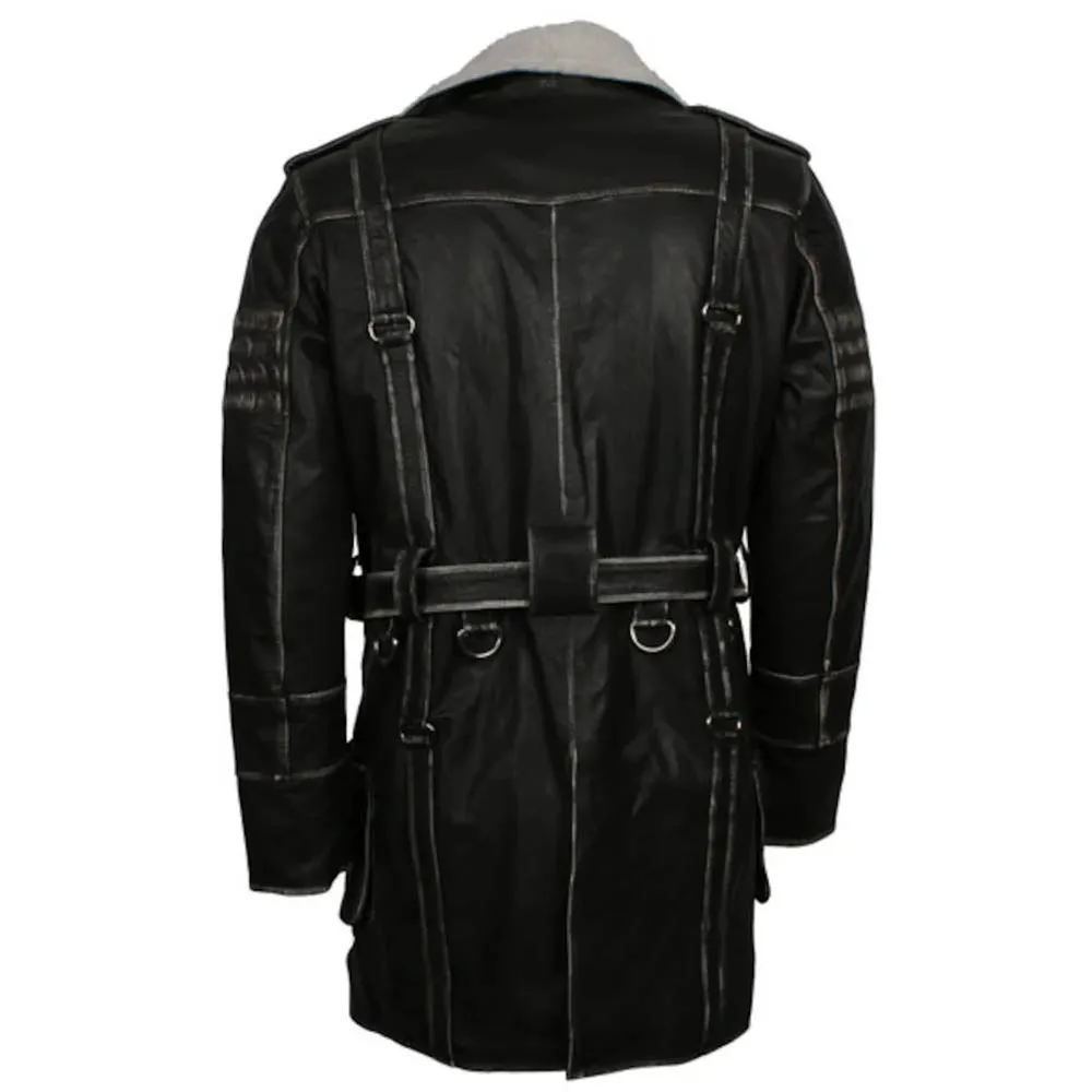Battle coat Distressed Black Leather Jacket Mens Long Coat