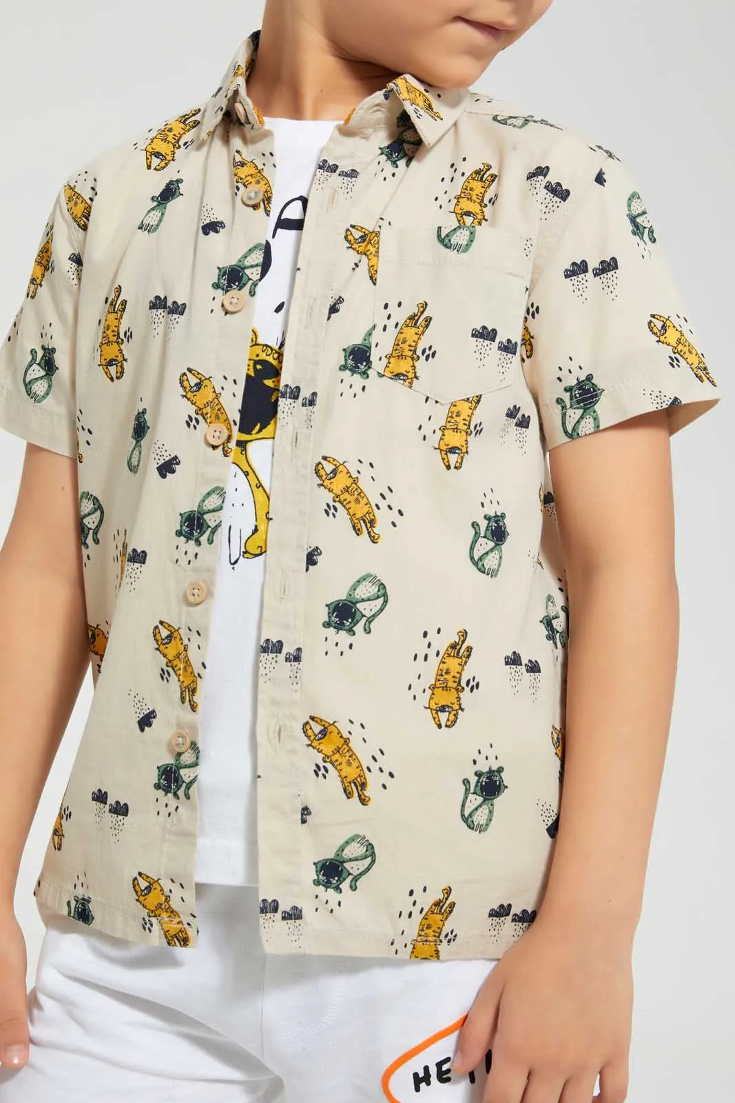 Beige And White Roar Shirt Set (2 Piece)