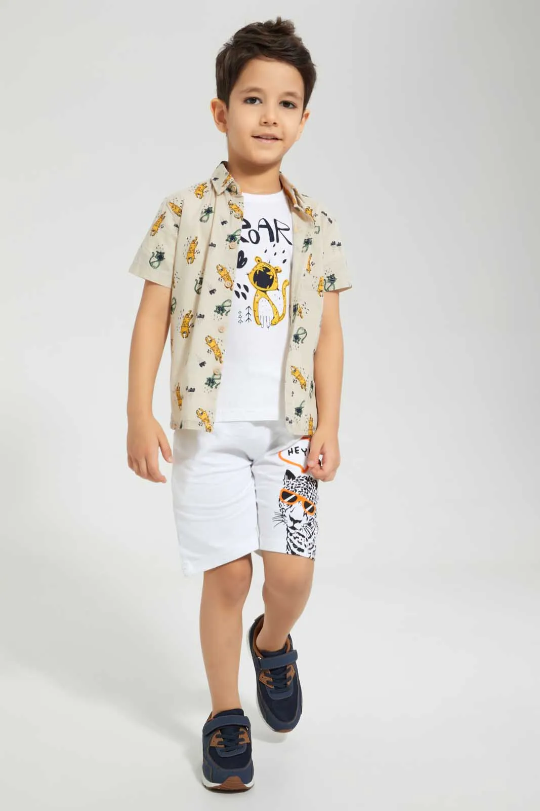 Beige And White Roar Shirt Set (2 Piece)
