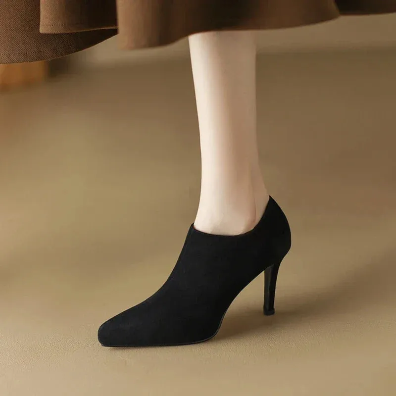 binfenxie Spring/Autumn Women Shoes Pointed Toe Thin Heel Ankle Boots Solid High Heels Sheep Suede Shoes for Women Sexy Heel Shoes