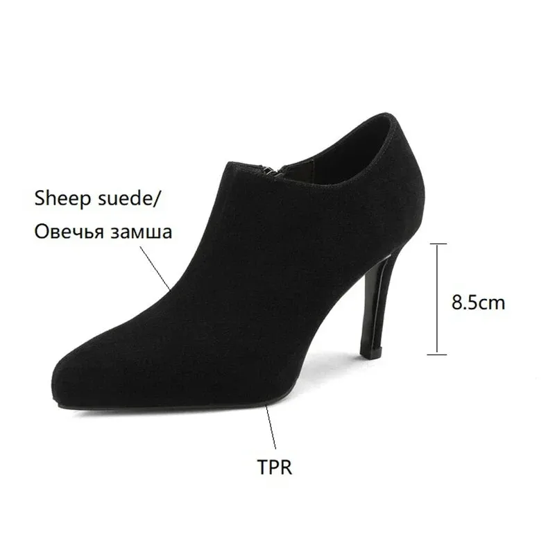 binfenxie Spring/Autumn Women Shoes Pointed Toe Thin Heel Ankle Boots Solid High Heels Sheep Suede Shoes for Women Sexy Heel Shoes