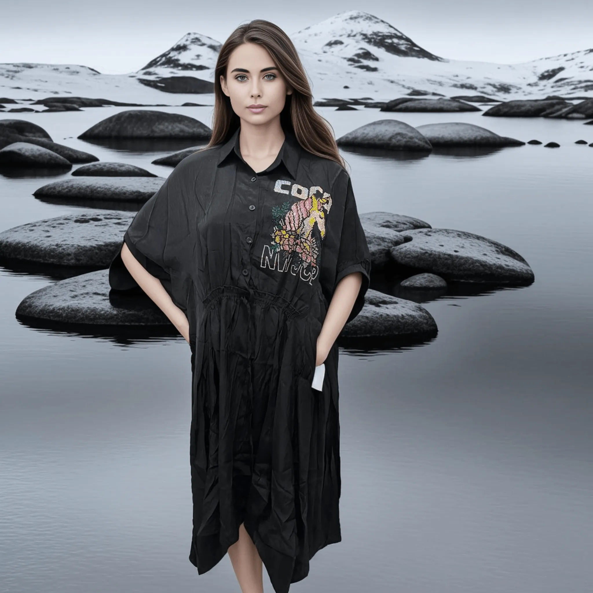 Black Cotton Unicorn Tunic Dress with Swarovski Elements & Waist Detail