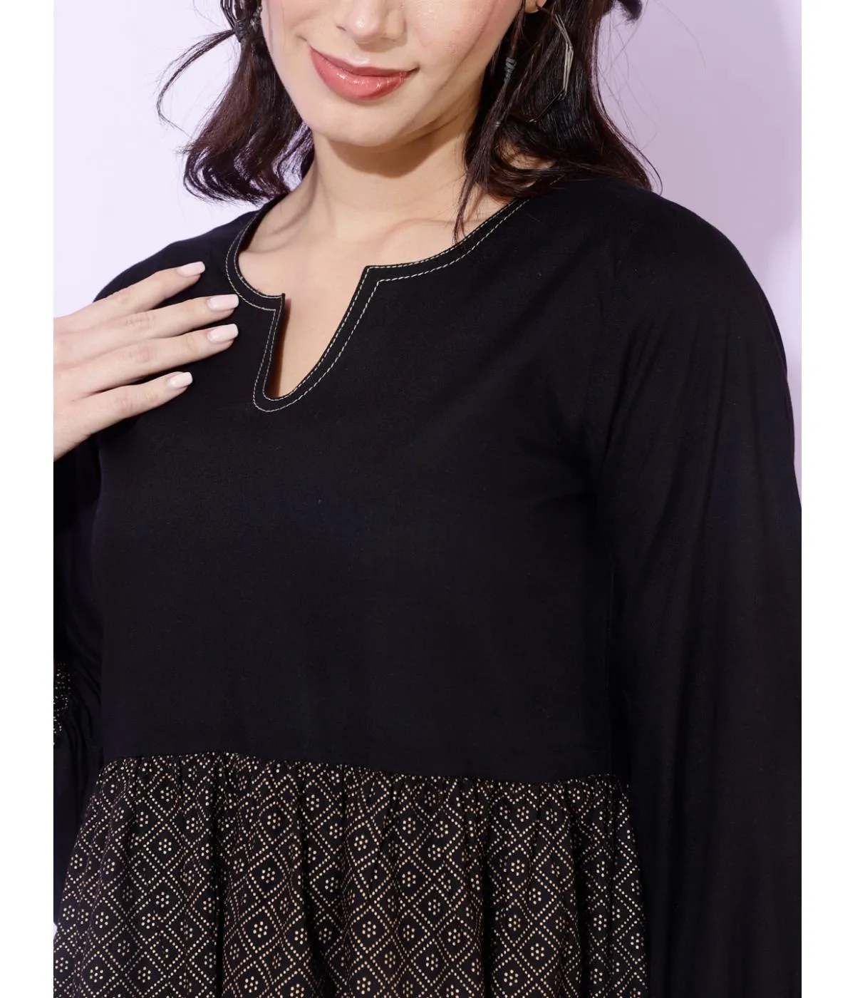 Black Ethnic Motifs Print Tunic Top
