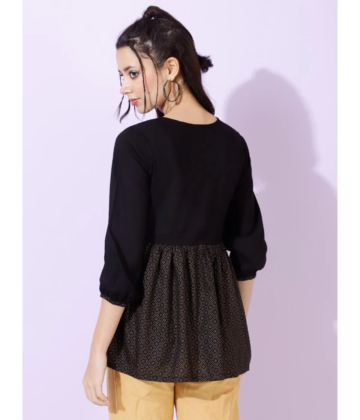 Black Ethnic Motifs Print Tunic Top