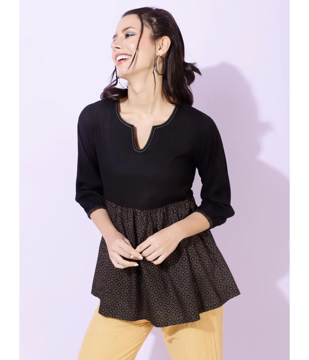 Black Ethnic Motifs Print Tunic Top