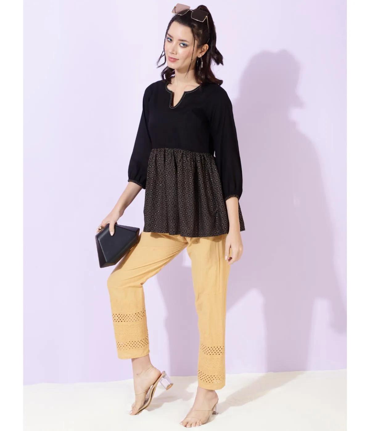 Black Ethnic Motifs Print Tunic Top