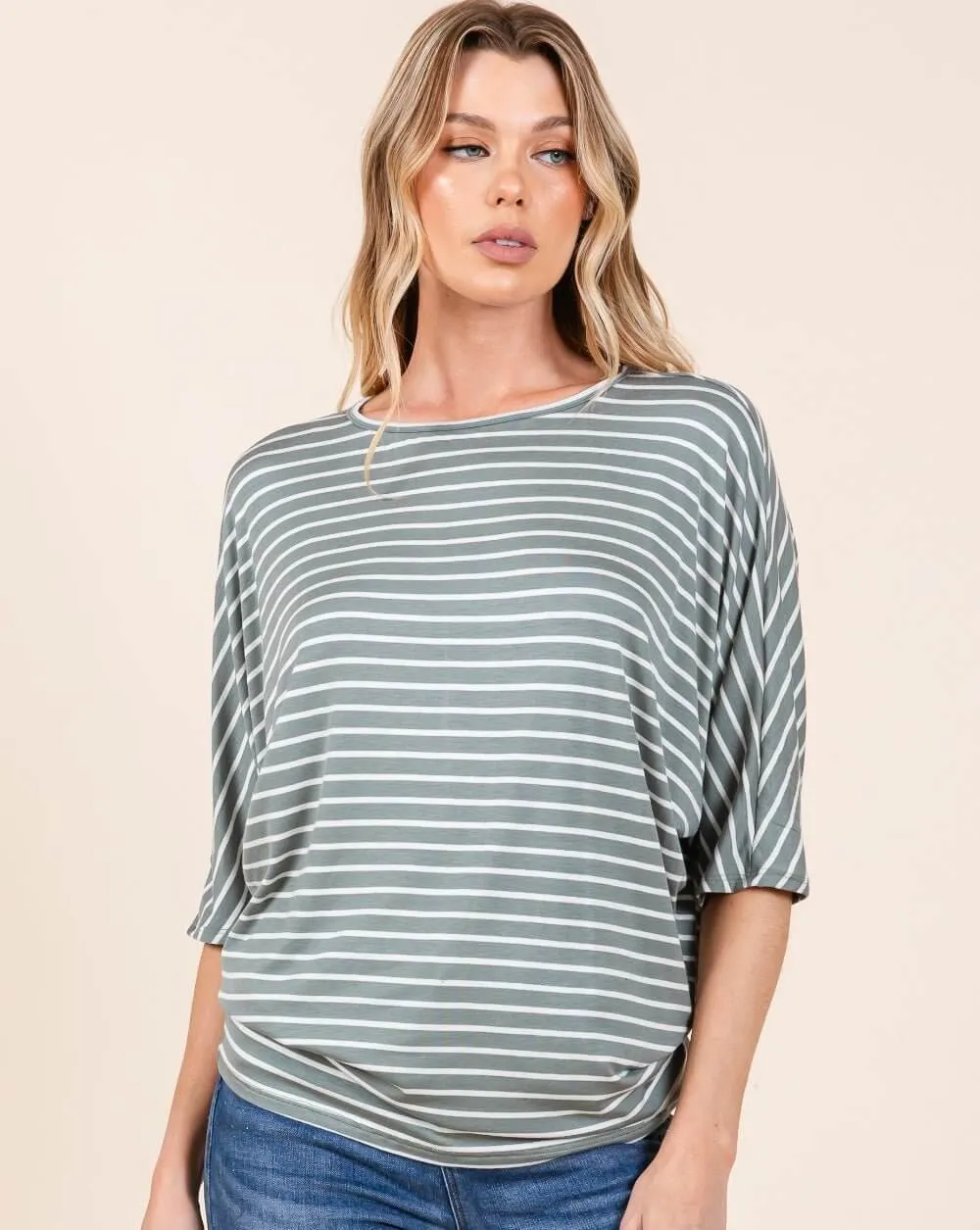 BOMBOM Striped Boat Neck Dolman Sleeve Top