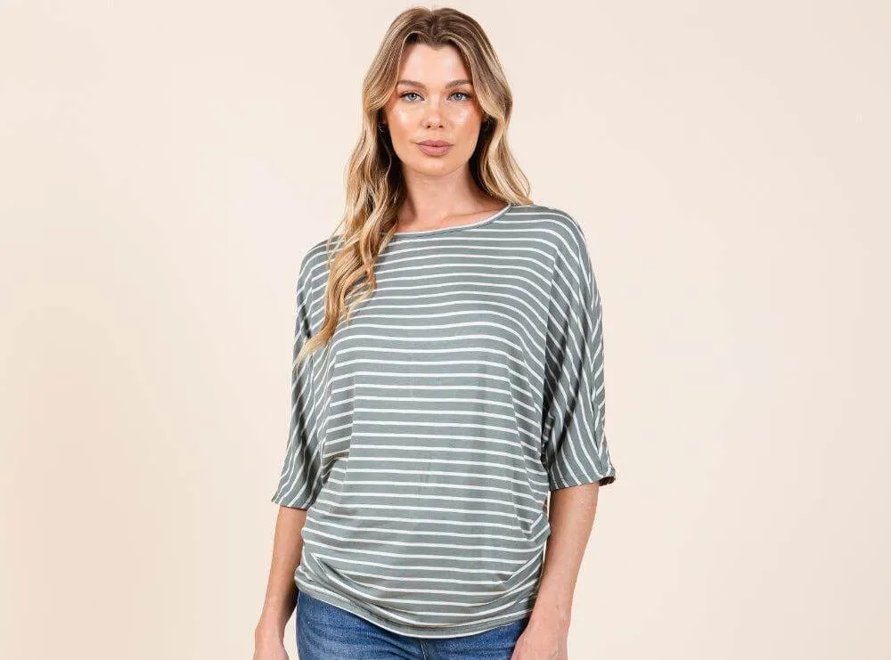 BOMBOM Striped Boat Neck Dolman Sleeve Top