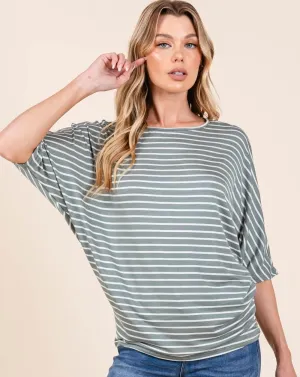 BOMBOM Striped Boat Neck Dolman Sleeve Top