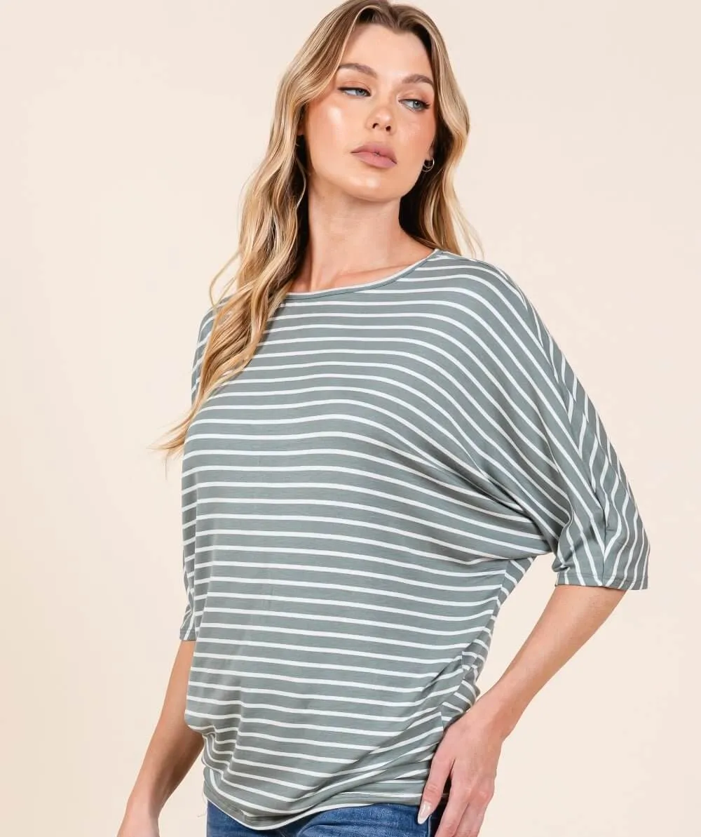 BOMBOM Striped Boat Neck Dolman Sleeve Top