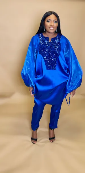 Boss Tunic Top and Pant set with sequin and bubble sleeves (Blue)