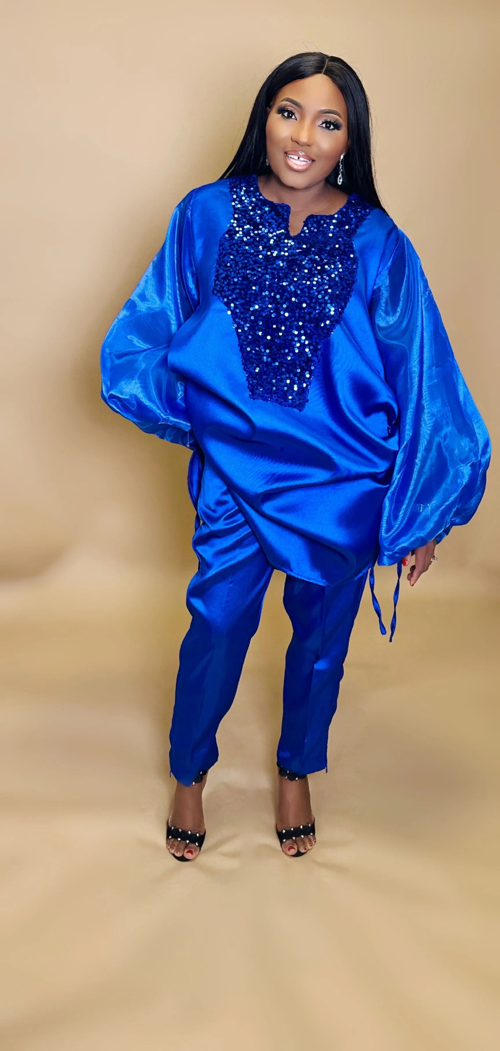 Boss Tunic Top and Pant set with sequin and bubble sleeves (Blue)