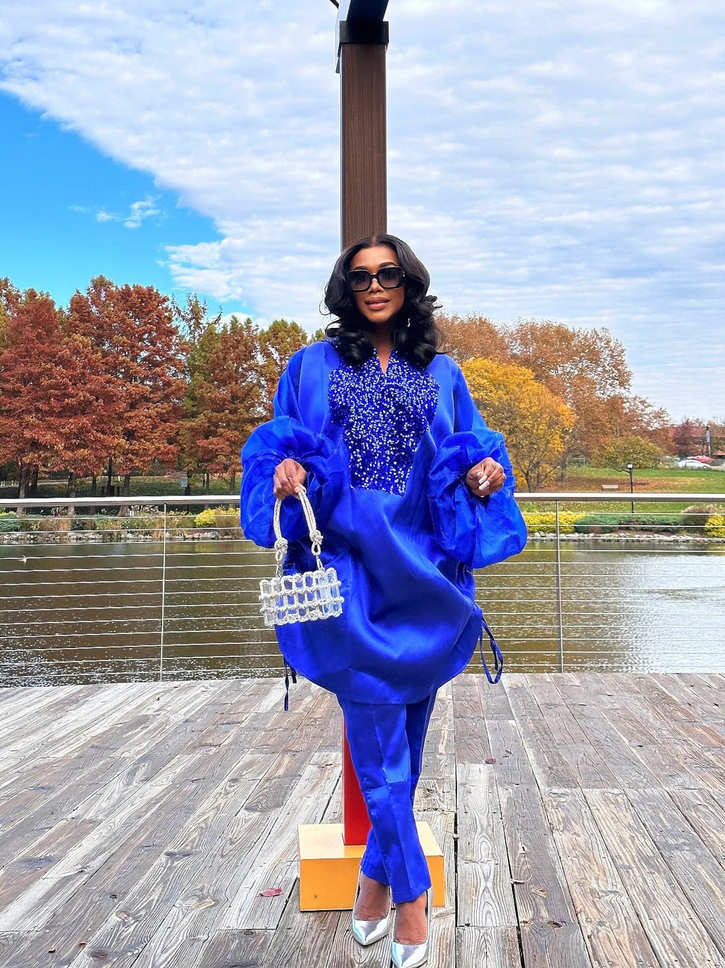 Boss Tunic Top and Pant set with sequin and bubble sleeves (Blue)
