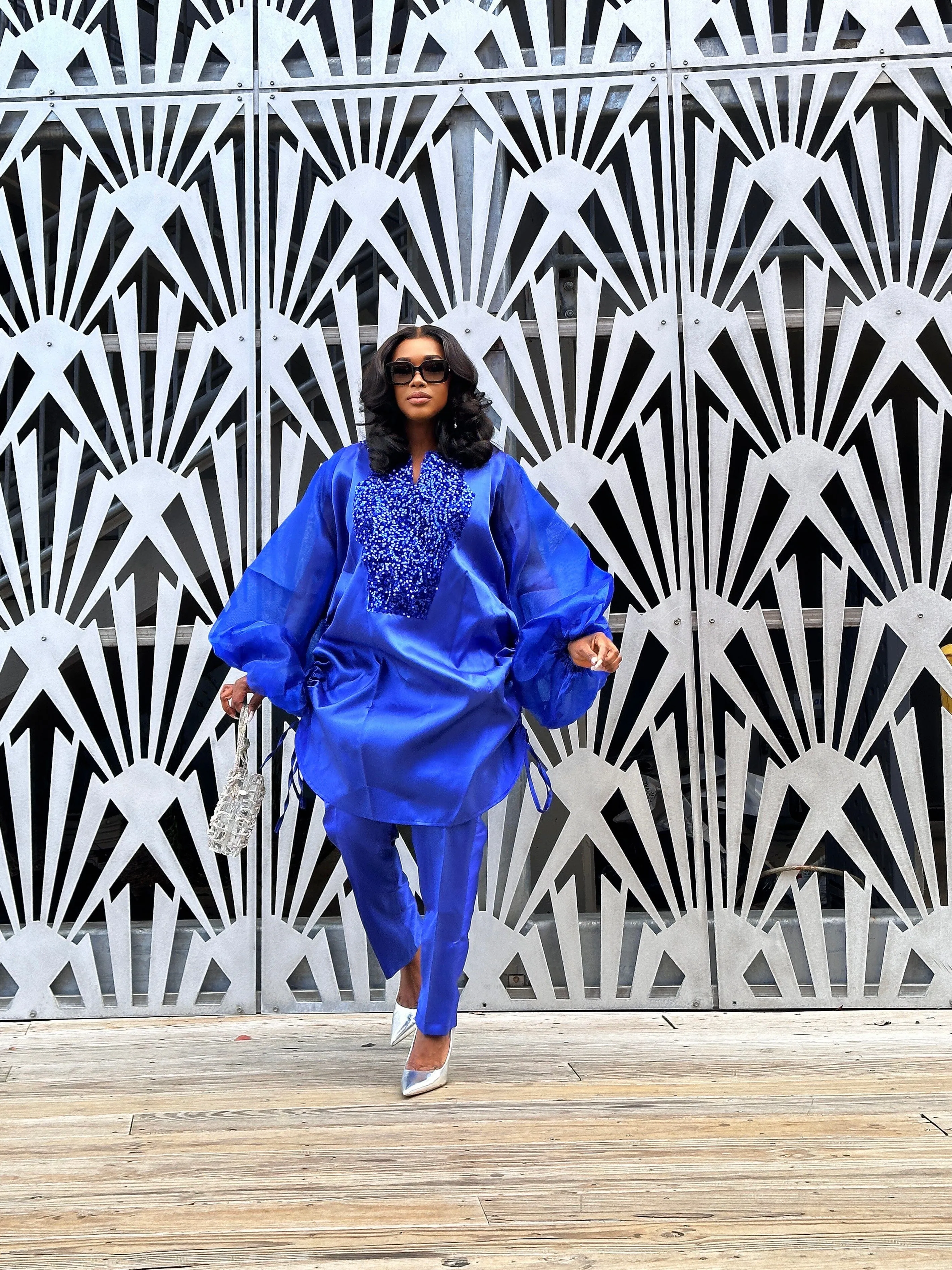Boss Tunic Top and Pant set with sequin and bubble sleeves (Blue)
