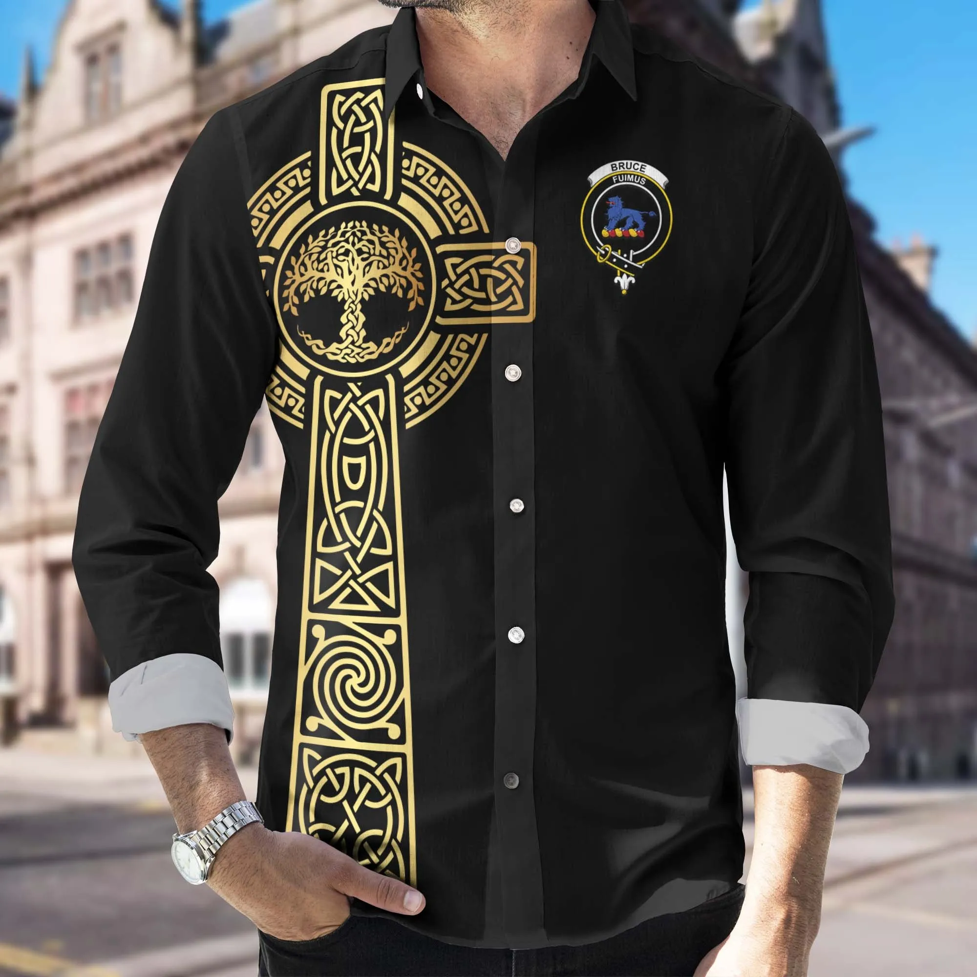Bruce Clan Mens Long Sleeve Button Up Shirt with Golden Celtic Tree Of Life