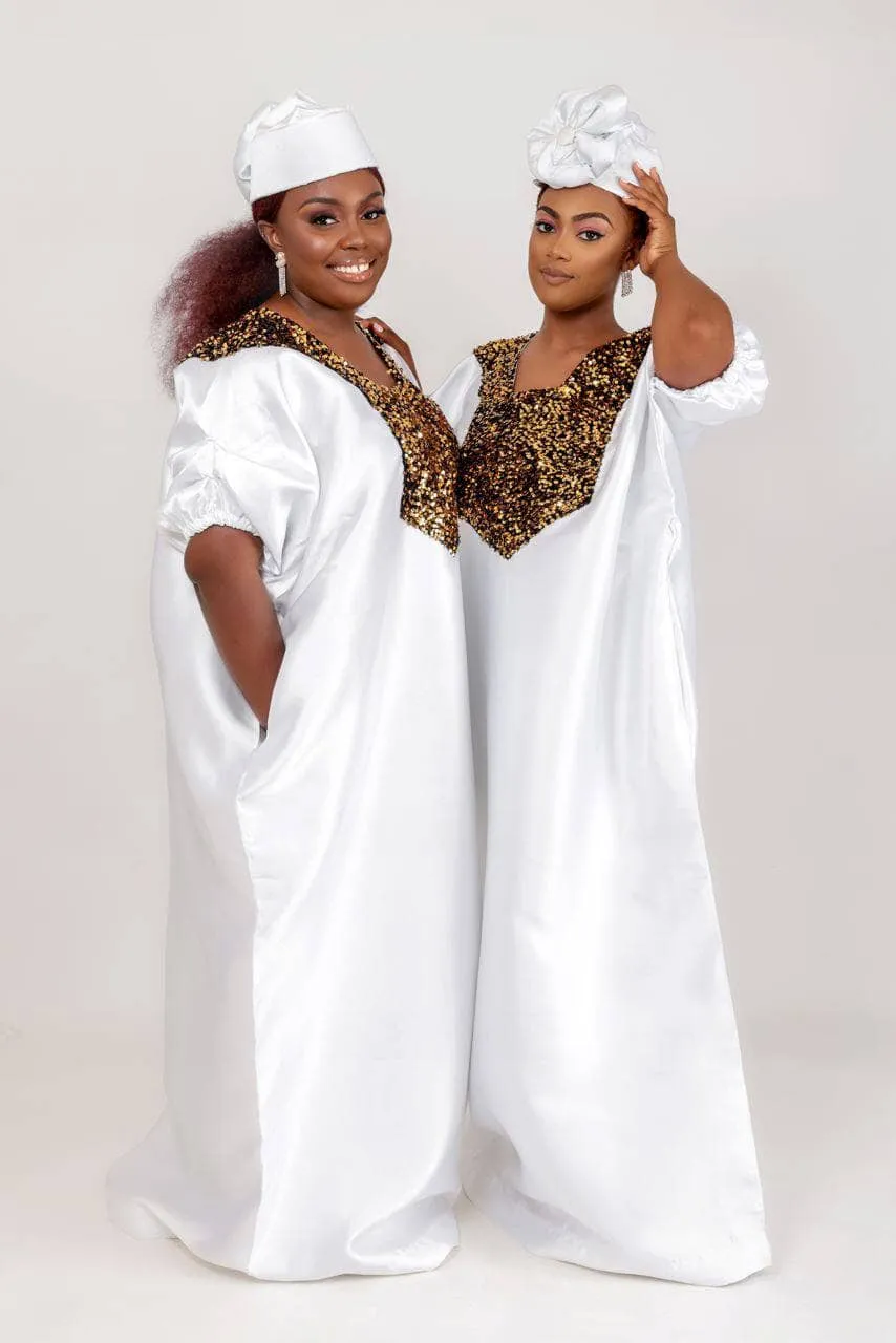 Buga Boubou Kaftan African dress- Mikado Silk fabric (White)