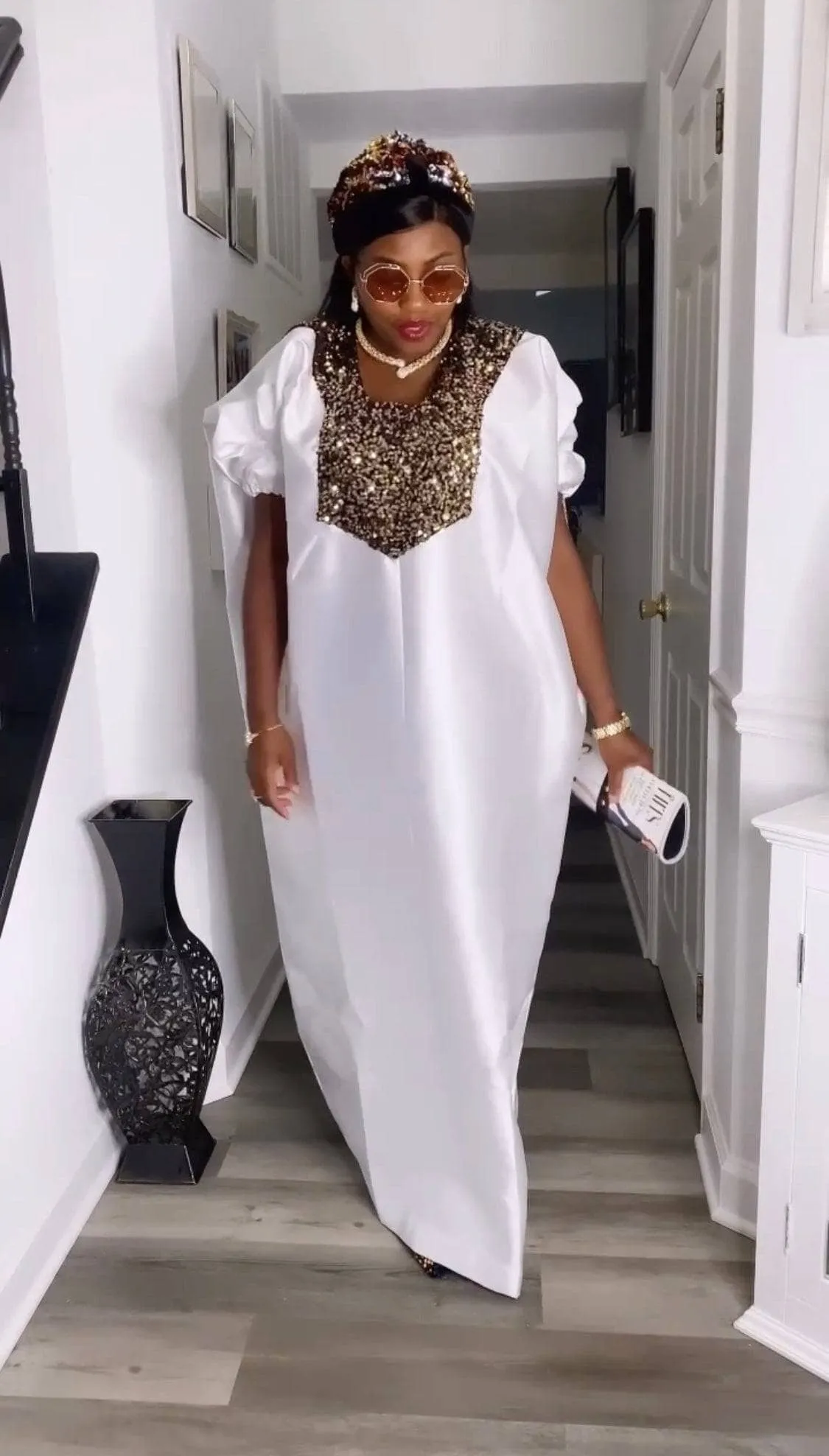 Buga Boubou Kaftan African dress- Mikado Silk fabric (White)