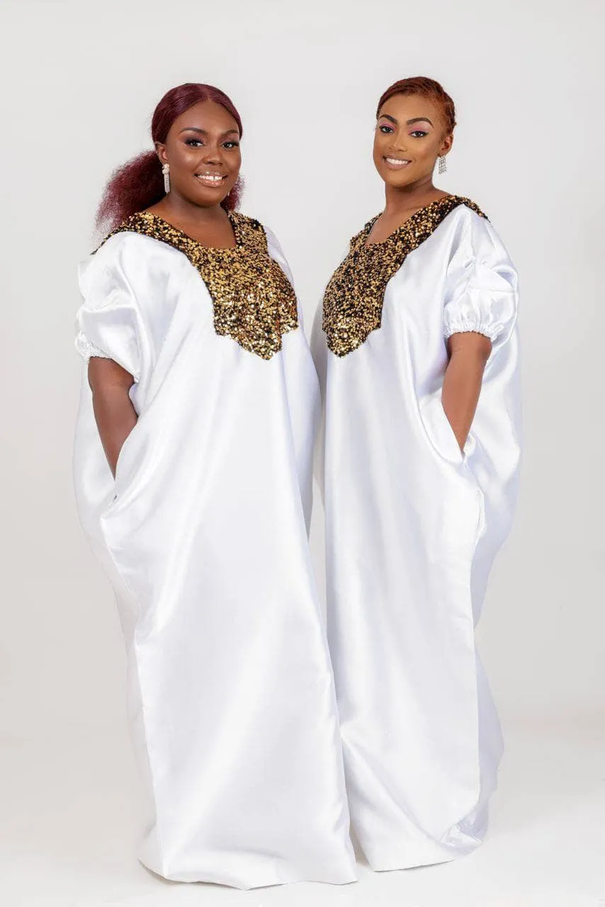 Buga Boubou Kaftan African dress- Mikado Silk fabric (White)