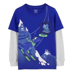 Carter's Toddler Boys Dinosaur Ski Layered Look Long Sleeve T-shirt - Blue