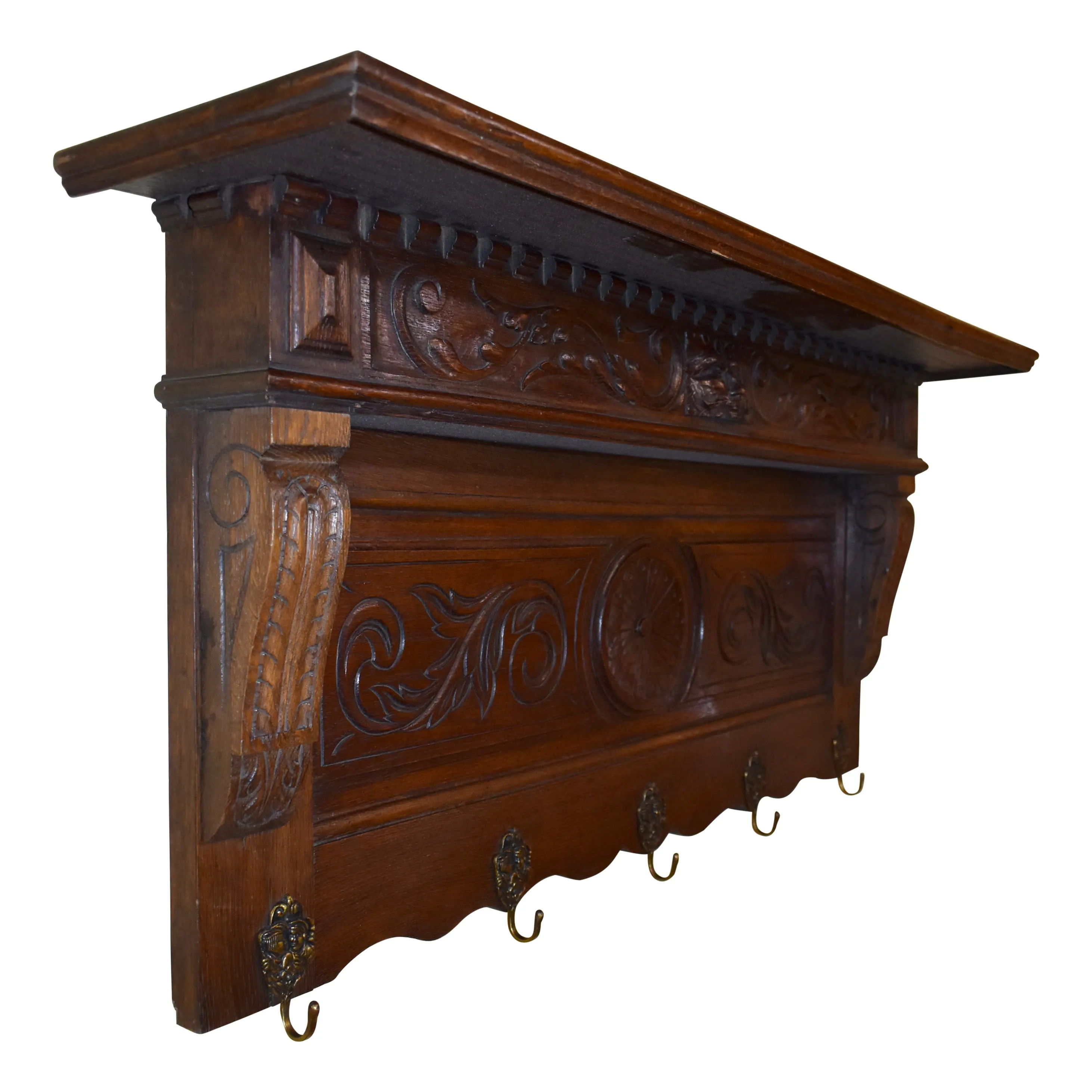 Carved Wall Mounted Coat Rack with Shelf