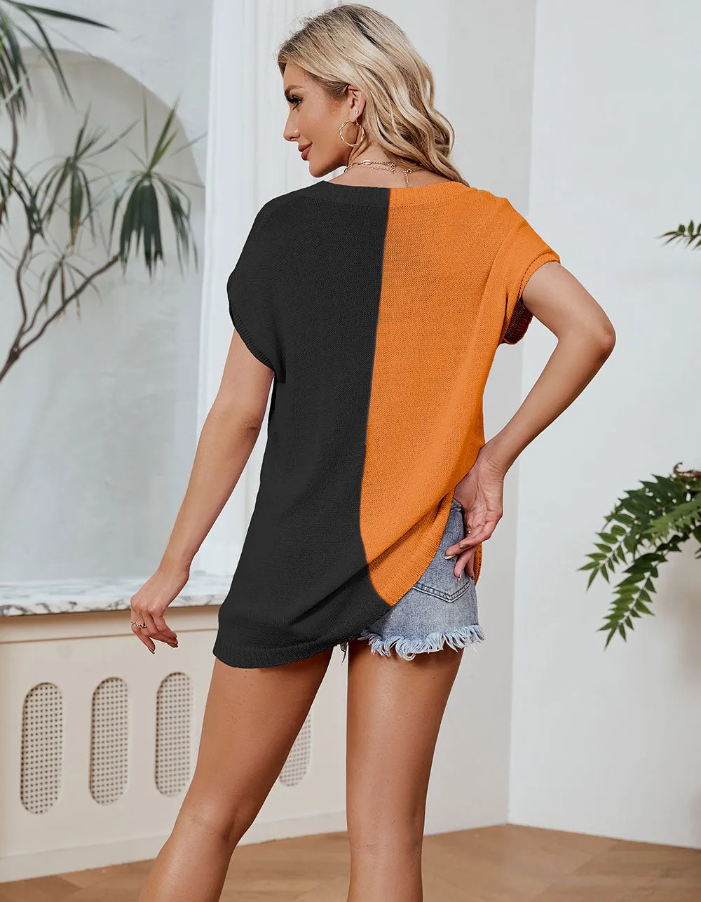 Color Blocking V Neck Short Sleeve Loose T-shirt